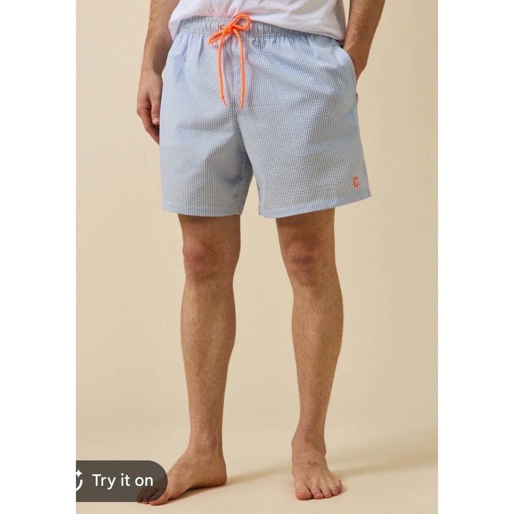 Peter Millar Mens XL Swim Trunks Blue White Houndstooth Orange Drawstring Shorts
